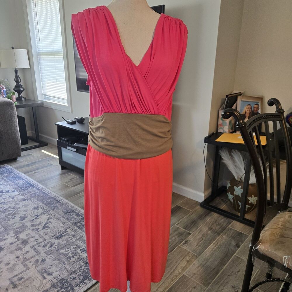 NWT Tommy Bahama Color Block Midi Dress Vneck Size XL Pink/Tan Sleeveless Beach